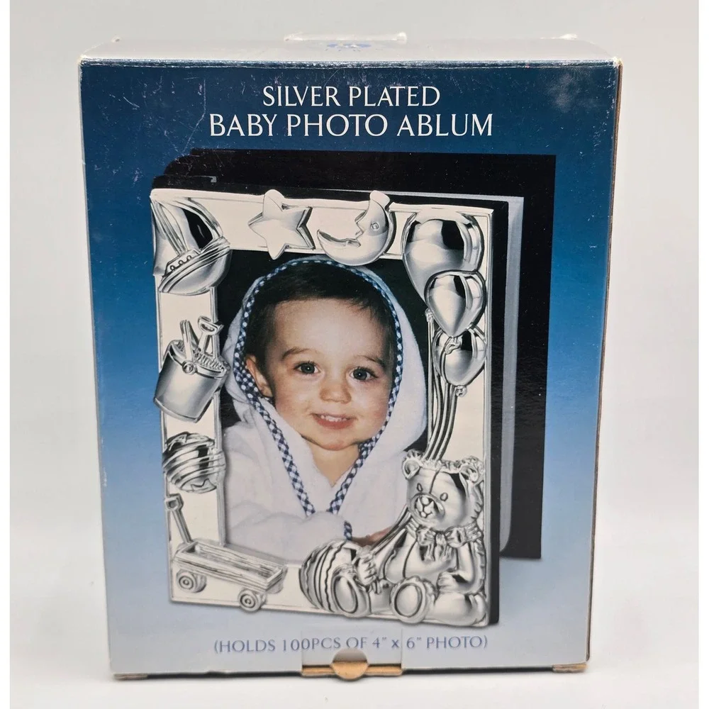 Vtg Godinger Silver Plated Baby Photo Album Teddy Bear Moon Stars Holds 100 4x6